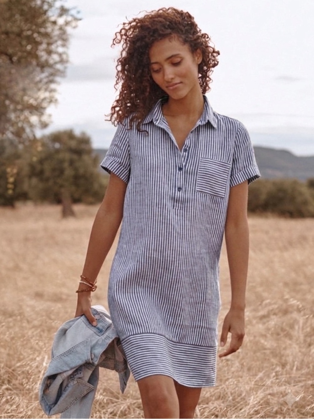 Garnet Hill Linen Relaxed Popover Shirtdress Gray White Stripes Size XL